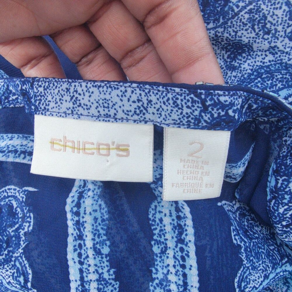 Chico's Paisley print Sheer Beaded Trim tunic top Blu/wht wmns sz L - Picture 3 of 4